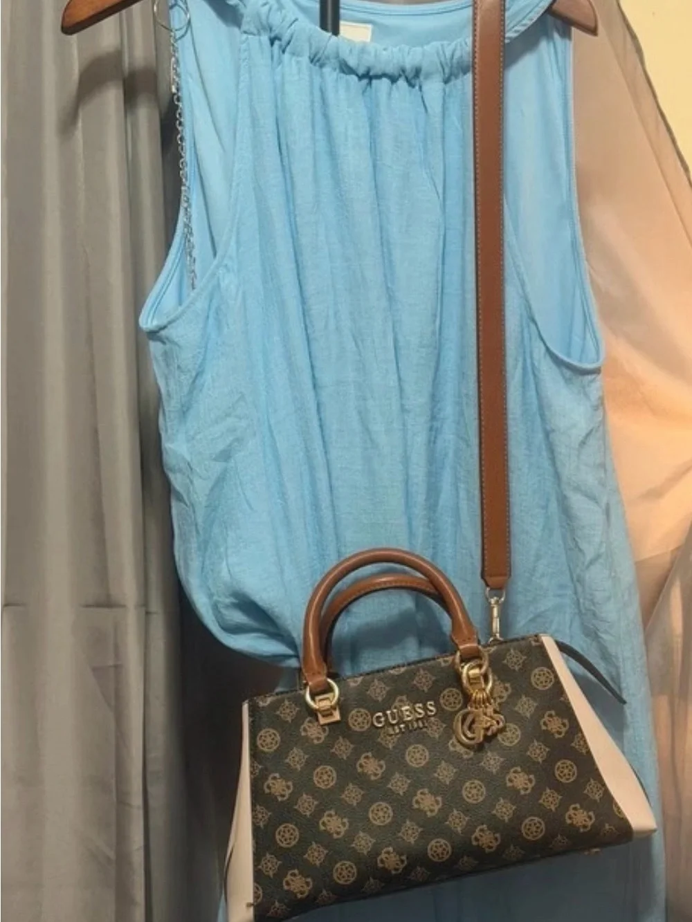 GUESS Brown Logo Monogram Satchel with Cream Panels